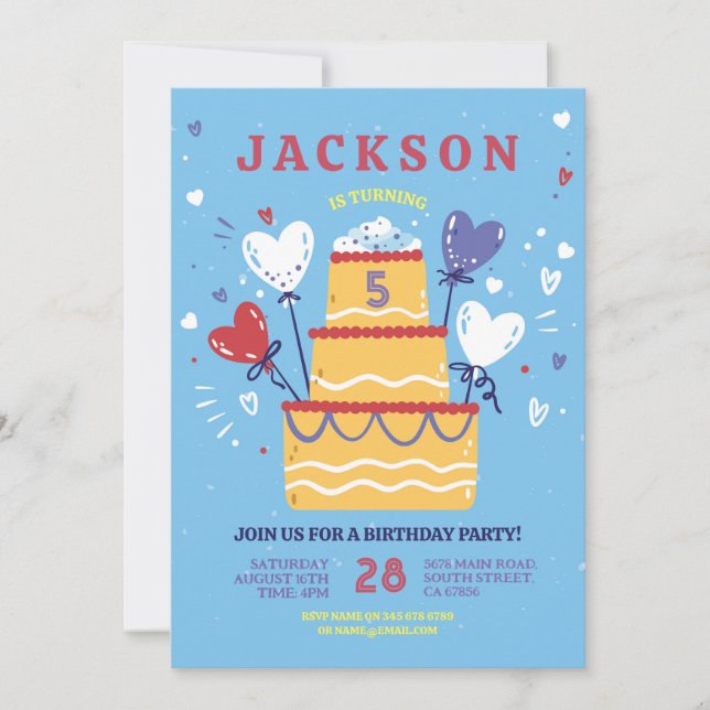 Birthday Cake Invite Blue Boys Balloons Party (Front)
