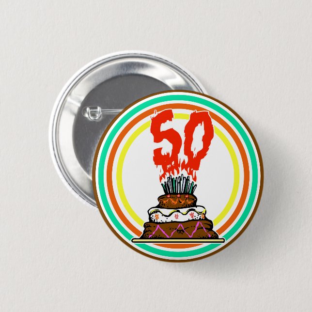 Birthday Cake on Fire with 50 Candles 6 Cm Round Badge (Front & Back)