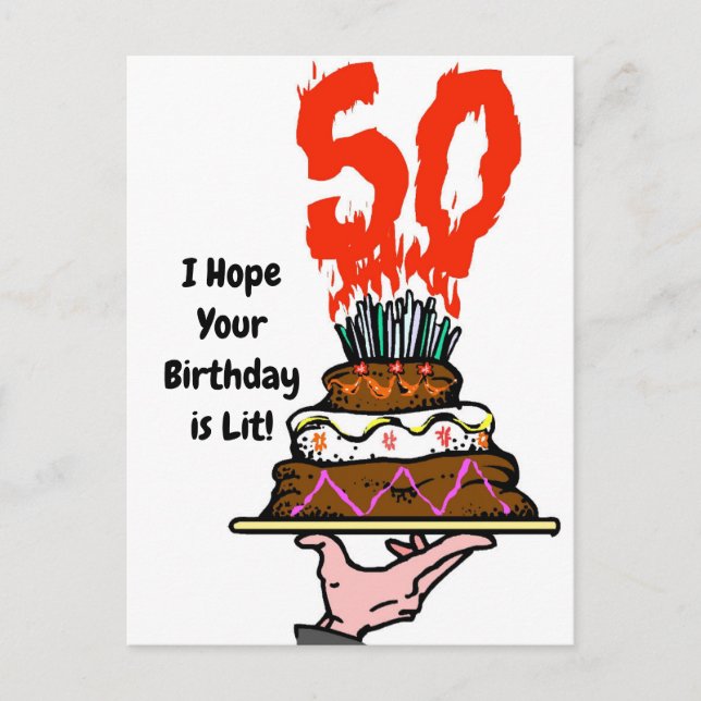 Birthday Cake on Fire with 50 Candles Postcard (Front)