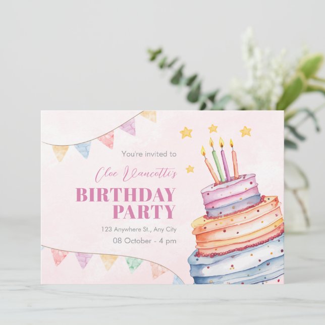 Birthday cake pastel colours invitation (Standing Front)