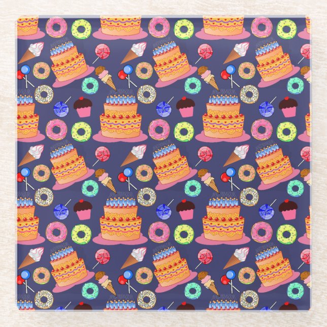Birthday Cake Pastry Pattern Design Glass Coaster (Front)