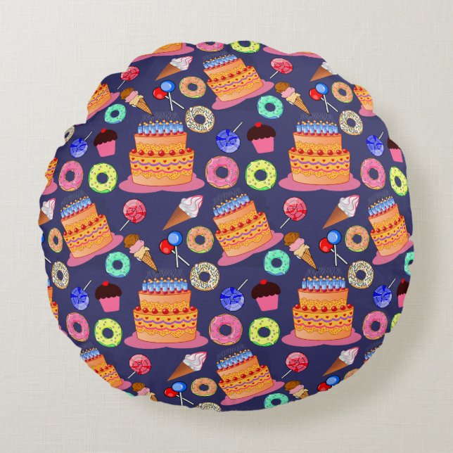 Birthday Cake Pastry Pattern Design Round Cushion (Front)