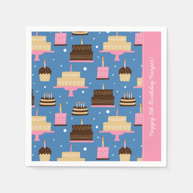 Birthday Cake Pattern Custom Name + Greeting Napkin (Front)