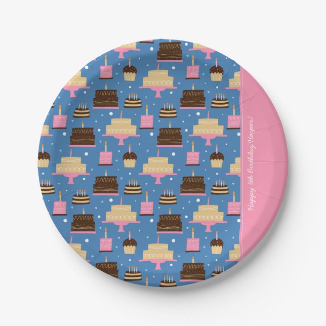 Birthday Cake Pattern Custom Name + Greeting Paper Plate (Front)