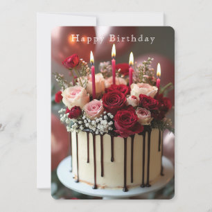 Birthday Cake Red & Pink Roses Red Candles Card