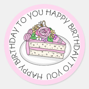 Birthday Cake topped with Roses and Flowers   Classic Round Sticker
