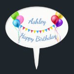 Birthday Cake Topper<br><div class="desc">Birthday cake topper shown in a oval shape with a colourful festive balloons print and with a custom name, customise this item and change the name to yours.</div>