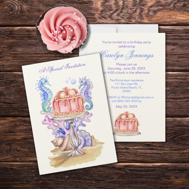 Birthday Cake Watercolor Seahorse Party Invite (Creator Uploaded)