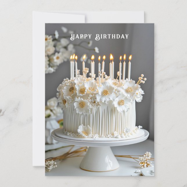 Birthday Cake White & Gold  Flowers Candles Card (Front)