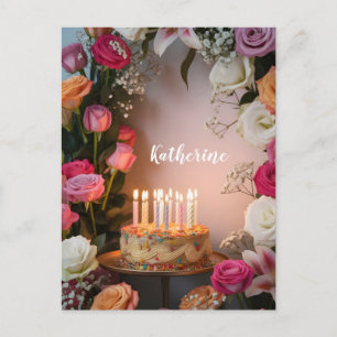 Birthday Cake with Lit Candles and Custom Name Postcard