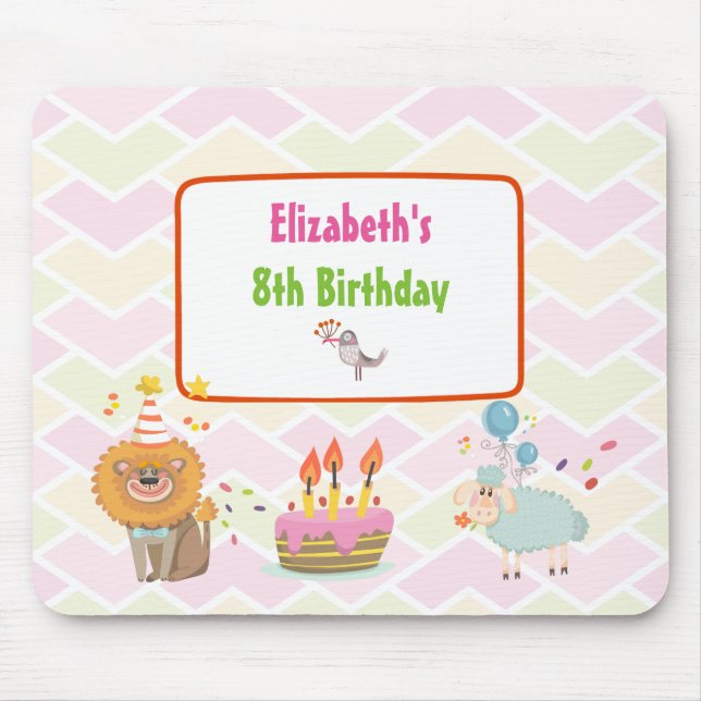 Birthday Cake with Party Lion and Balloon Sheep Mouse Mat (Front)
