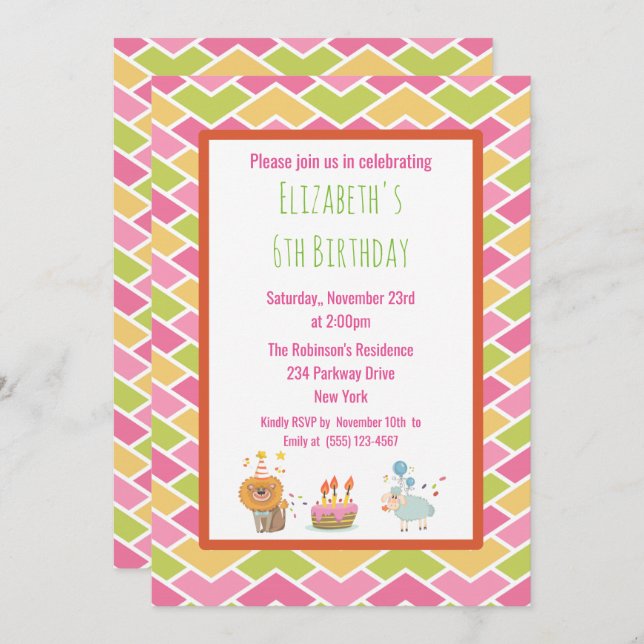 Birthday Cake with Party Lion and Sheep Invite (Front/Back)