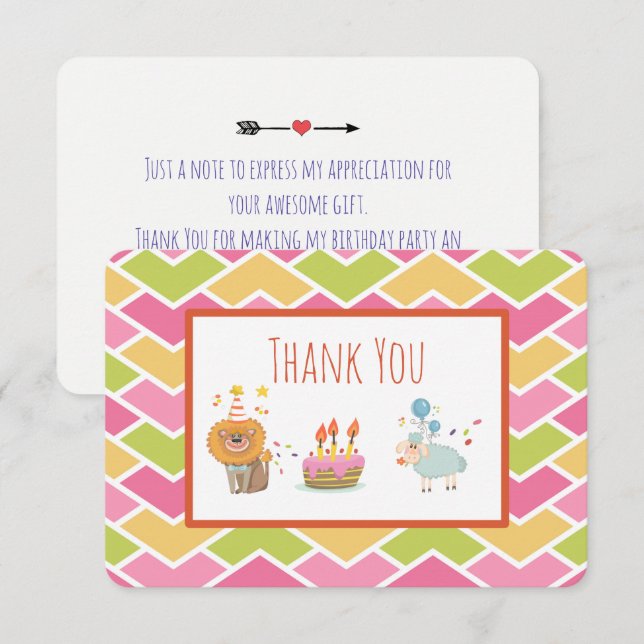 Birthday Cake with Party Lion and Sheep Thank You Invitation (Front/Back)