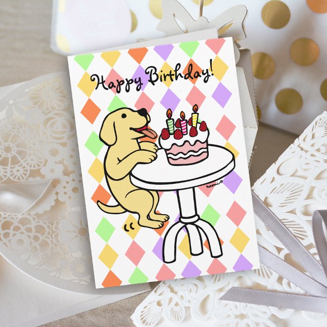 Birthday Cake Yellow Labrador Cartoon Card (Birthday Cake Yellow Labrador Cartoon Birthday Card with colorful background for dog lovers.)