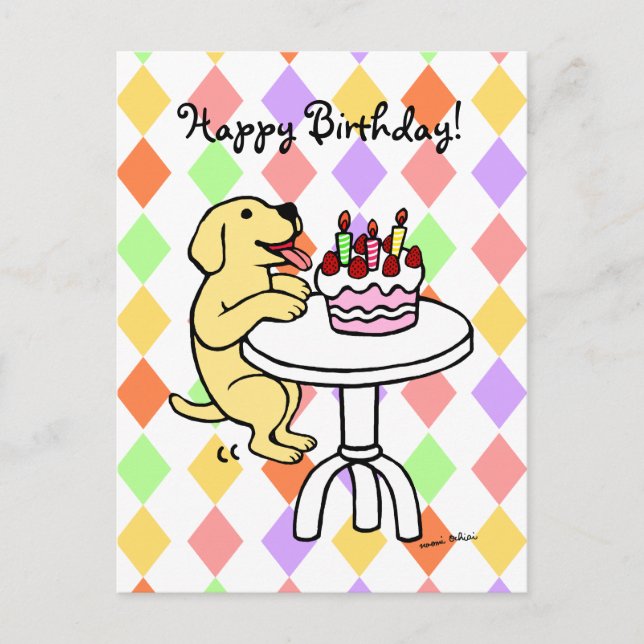 Birthday Cake Yellow Labrador Cartoon Postcard (Front)