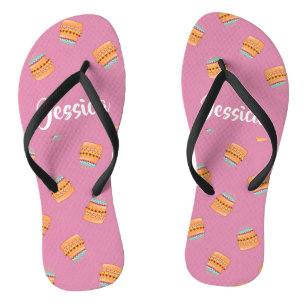 Birthday cakes on pink pattern flip flops