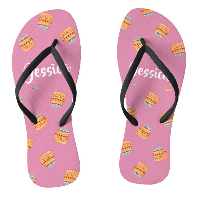 Birthday cakes on pink pattern flip flops (Footbed)