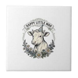 Birthday Calf Illustration Vintage Engraving Flora Tile