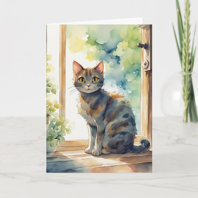 Birthday Calico Cat In Window Card (Front)