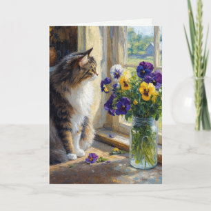 Birthday Calico Cat with Pansy Bouquet Card
