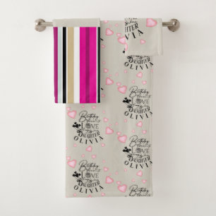 Birthday Calligraphy Custom Name Minimalist Hearts Bath Towel Set