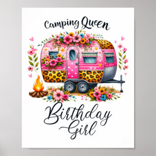 Birthday Camping Queen Camp Pink Floral Van Birthd Poster