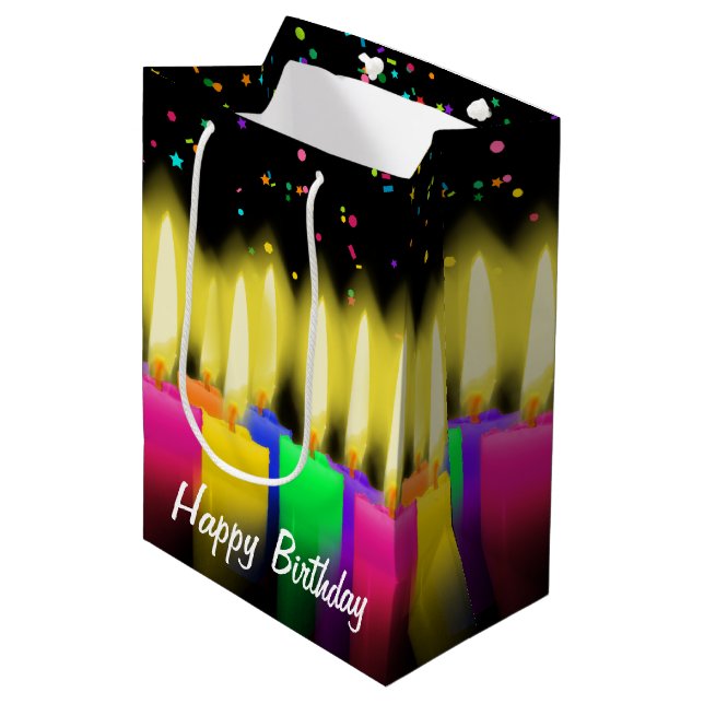 Birthday Candles and Confetti on Black Medium Gift Bag (Front Angled)