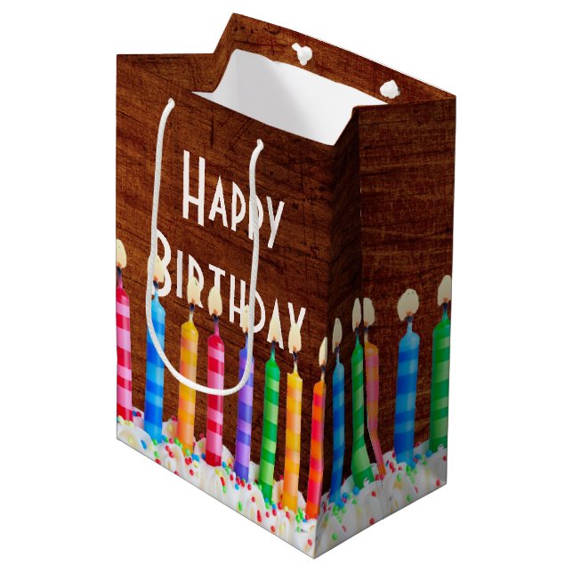 Birthday Candles On Wood Medium Gift Bag (Front Angled)