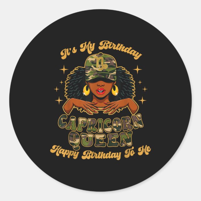 Birthday Capricorn Queen Camo Black Woman African  Classic Round Sticker (Front)