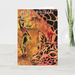 Birthday Card African Girl and Giraffe Friends