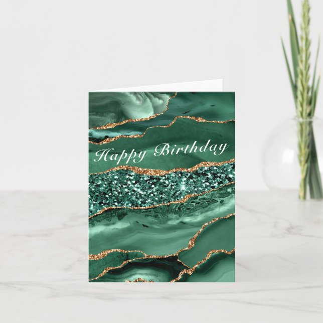 Birthday Card Agate Green Gold Glitter Emerald (Front)