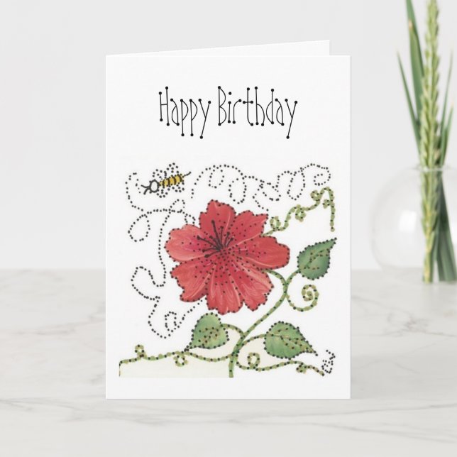 Birthday Card, Bumble Bee and Red Hibiscus Card (Front)