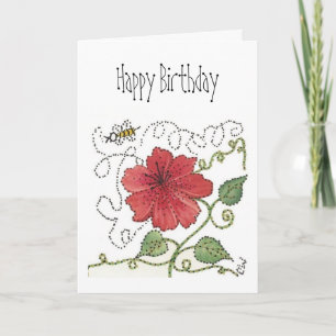Birthday Card, Bumble Bee and Red Hibiscus Card