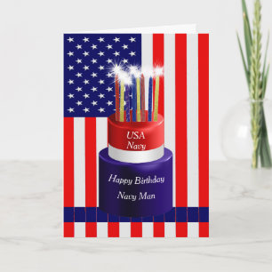Birthday Card Cake & Flag for Navy Military Man
