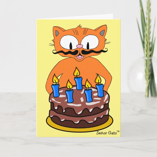 Birthday Card Cartoon Cat Moustache Funny Pun (Front)