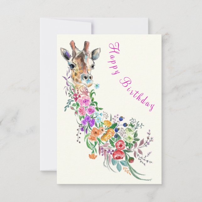 Birthday Card Colourful Flowers Bouquet Giraffe (Front)