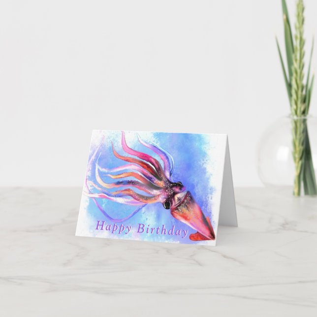 Birthday Card Colourful Squid Swimming (Front)