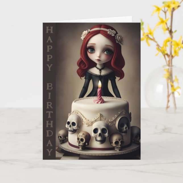 birthday card cute goth rock emo girl, cake, skull (Yellow Flower)