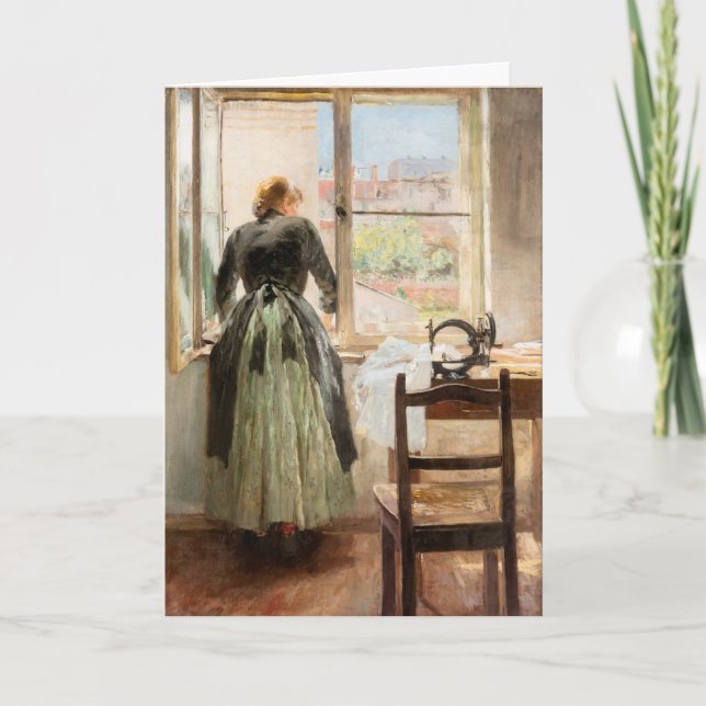 Birthday card depicting lady and sewing machine. (Front)