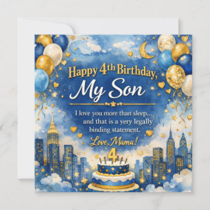Birthday Card for 4 Year Old Son, Cake, Balloons,