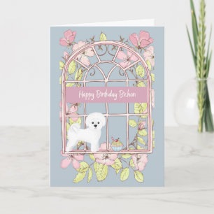 Birthday Card for Bichon Dog. Floral Window