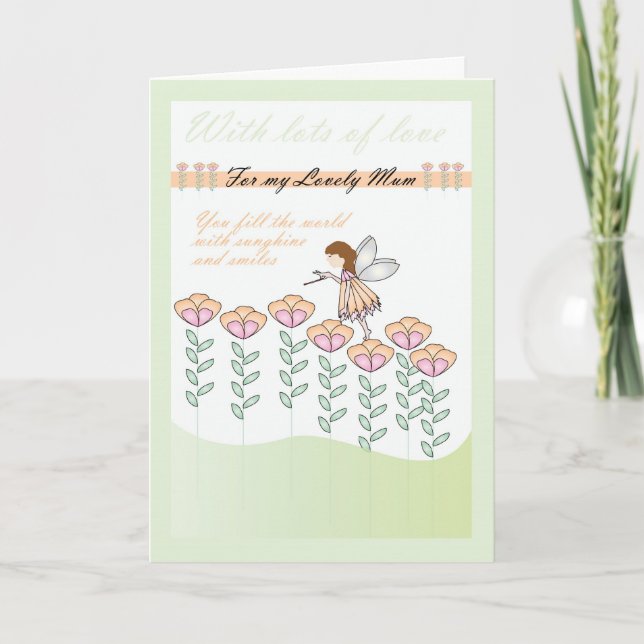 Birthday card for Mum, with little fairy & Flowers (Front)