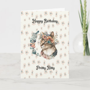 Birthday Card for Pretty Kitty Cat with Flowers
