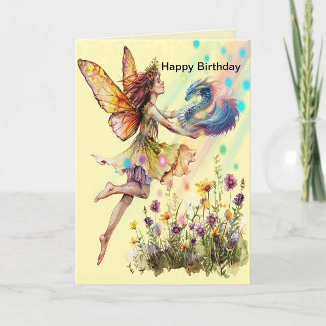 Birthday Card for Young Girl with Fairy and Dragon (Front)