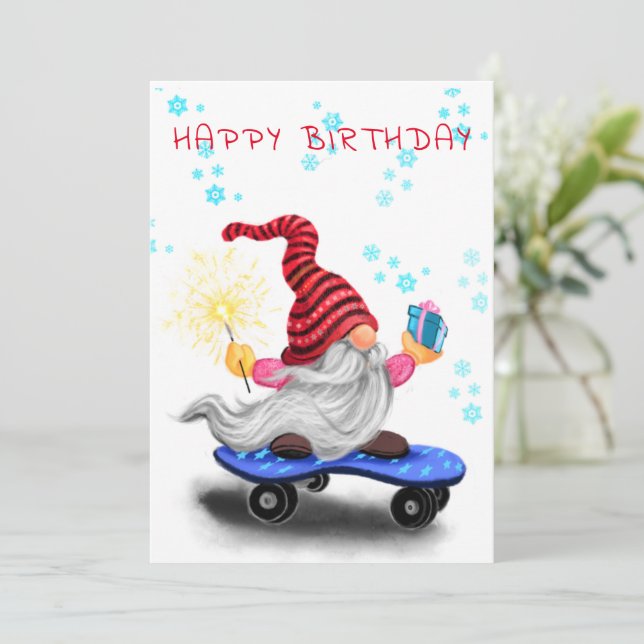 Birthday Card Happy Skater Gnome with Gifts (Standing Front)