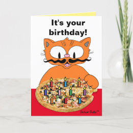 Birthday Card Humourous Moustache Cat Pizza Party