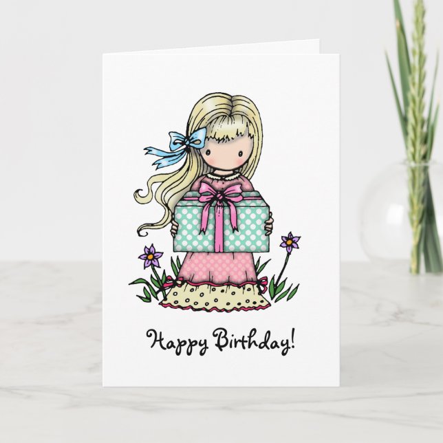 Birthday Card Little Girl Holding Present (Front)
