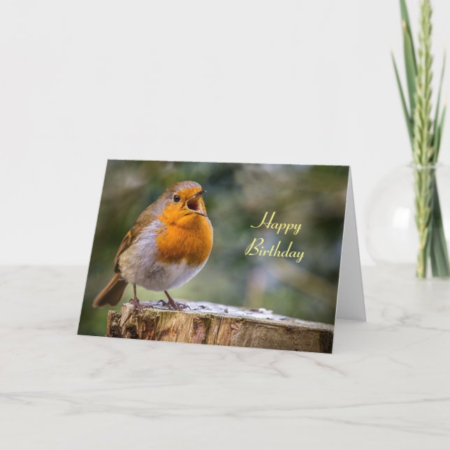 Birthday card of singing robin Erithacus rubecula (Front)
