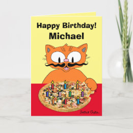 Birthday Card Personalised Pizza Party Cat