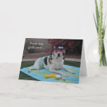 Birthday card, photo of a female dog with creams card<br><div class="desc">This is a photo of a female dog on a beach towel, wearing  sun glasses,  spot creams next to her. ( She has spots on her fur.) The front says,  "TRUST ME,  GIRLFRIEND... "   The inside says:  "SPOT REMOVER AT OUR AGES IS A BIG WASTE OF MONEY.   HAPPY BIRTHDAY!"</div>